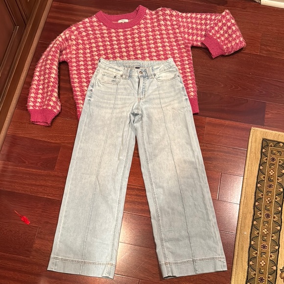 french connection, american eagle Denim - Pink and Blue Flare Wide Leg Jeans a&e and sweater ladies 00, m